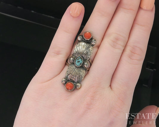Vintage Sterling Natural Turquoise & Coral Navajo Ladies Shield Ring 6.4g i18713