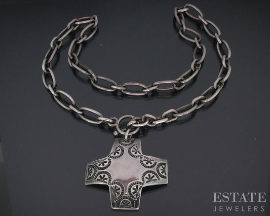 Vintage Sterling Navajo Sunrise Overlay Cross Ladies Necklace 36g 17"L i18707