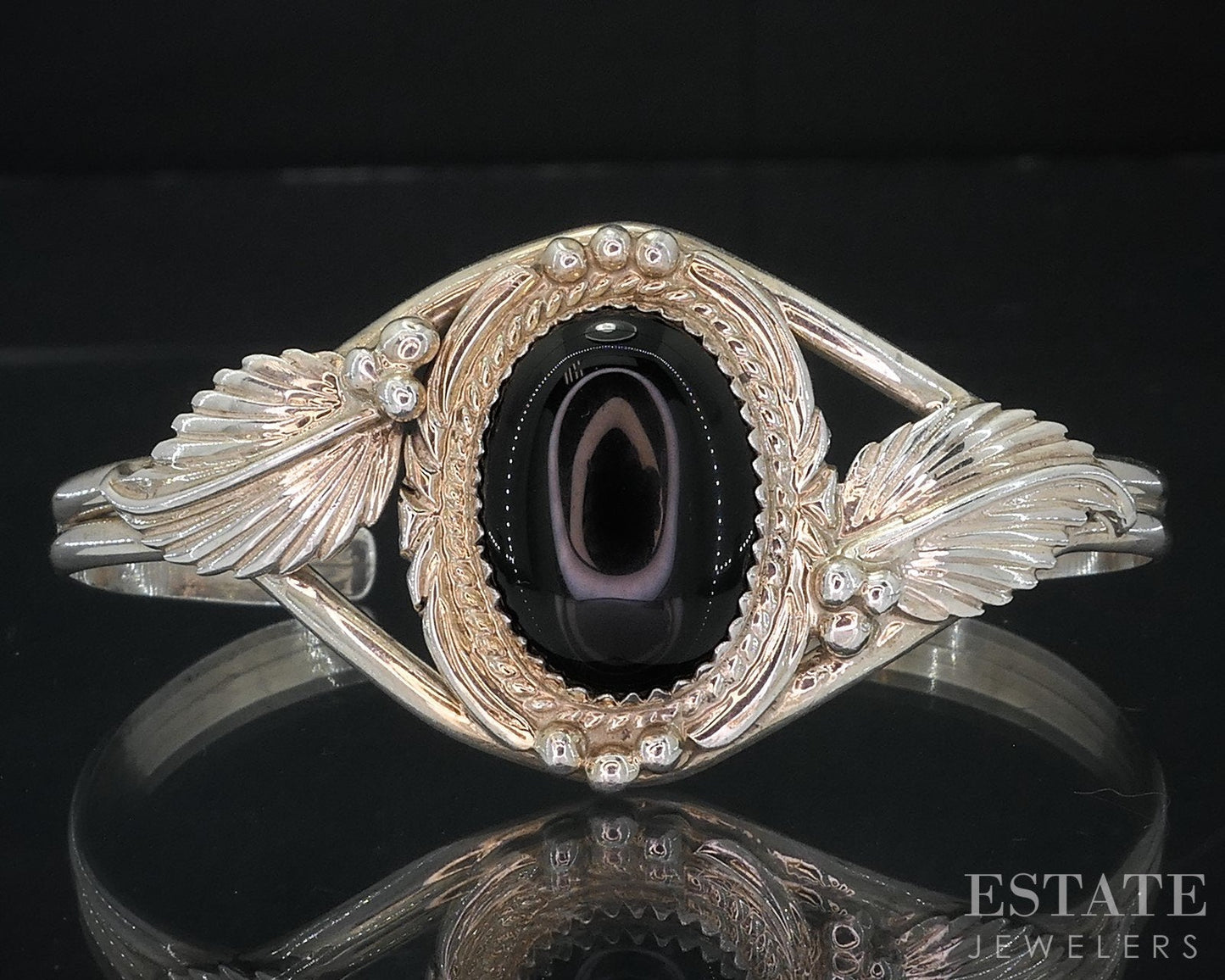 Vintage Sterling Navajo Natural Black Onyx Signed SN Cuff Bracelet 15.2g i18706