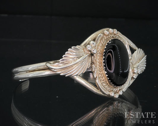 Vintage Sterling Navajo Natural Black Onyx Signed SN Cuff Bracelet 15.2g i18706