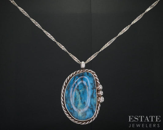 Vintage Sterling Natural Turquoise Navajo Jerry Roan Large Necklace 43g i18704