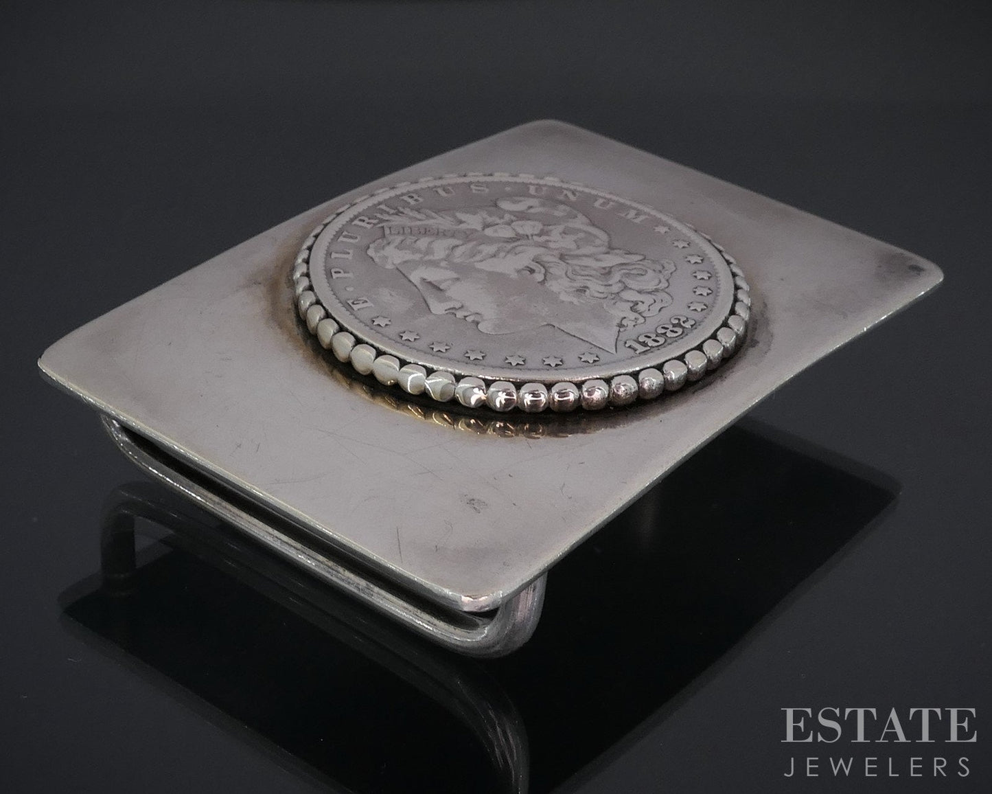 Vintage Sterling HALL 1882 Morgan Silver Dollar Mens Belt Buckle 95g i18703