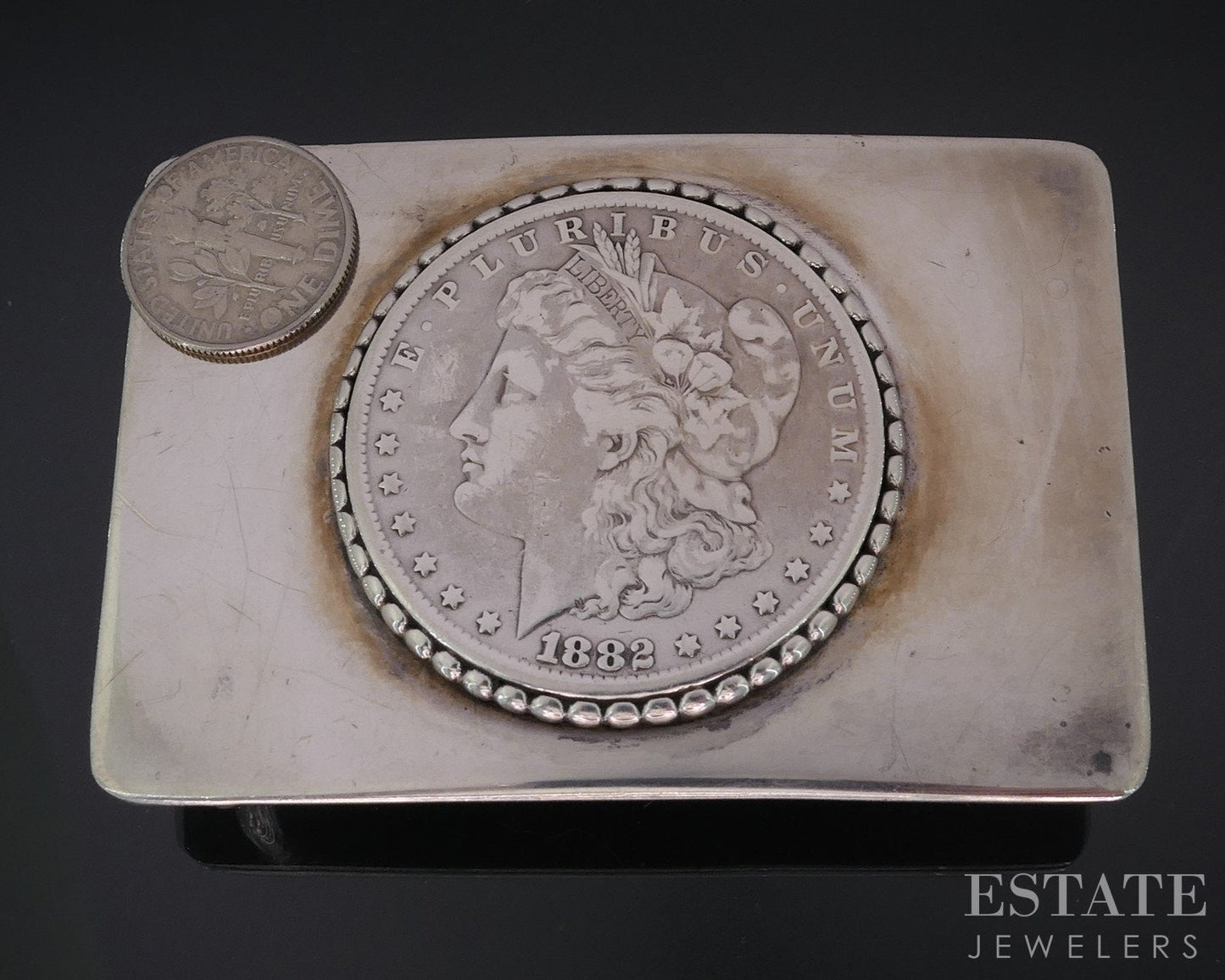 Vintage Sterling HALL 1882 Morgan Silver Dollar Mens Belt Buckle 95g i18703