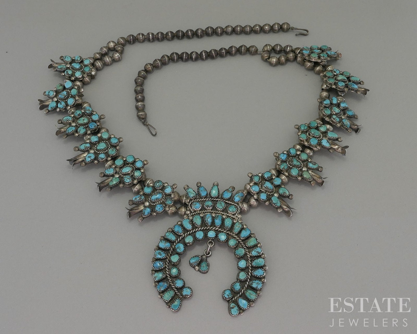 Sterling Natural Turquoise Navajo Squash Blossom Necklace 166g i18700
