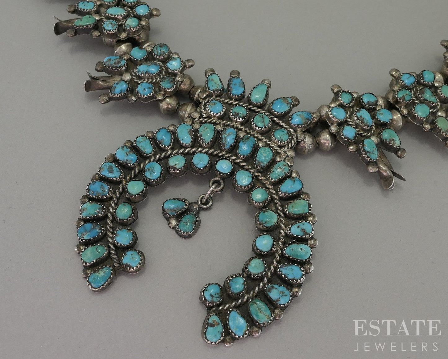 Sterling Natural Turquoise Navajo Squash Blossom Necklace 166g i18700