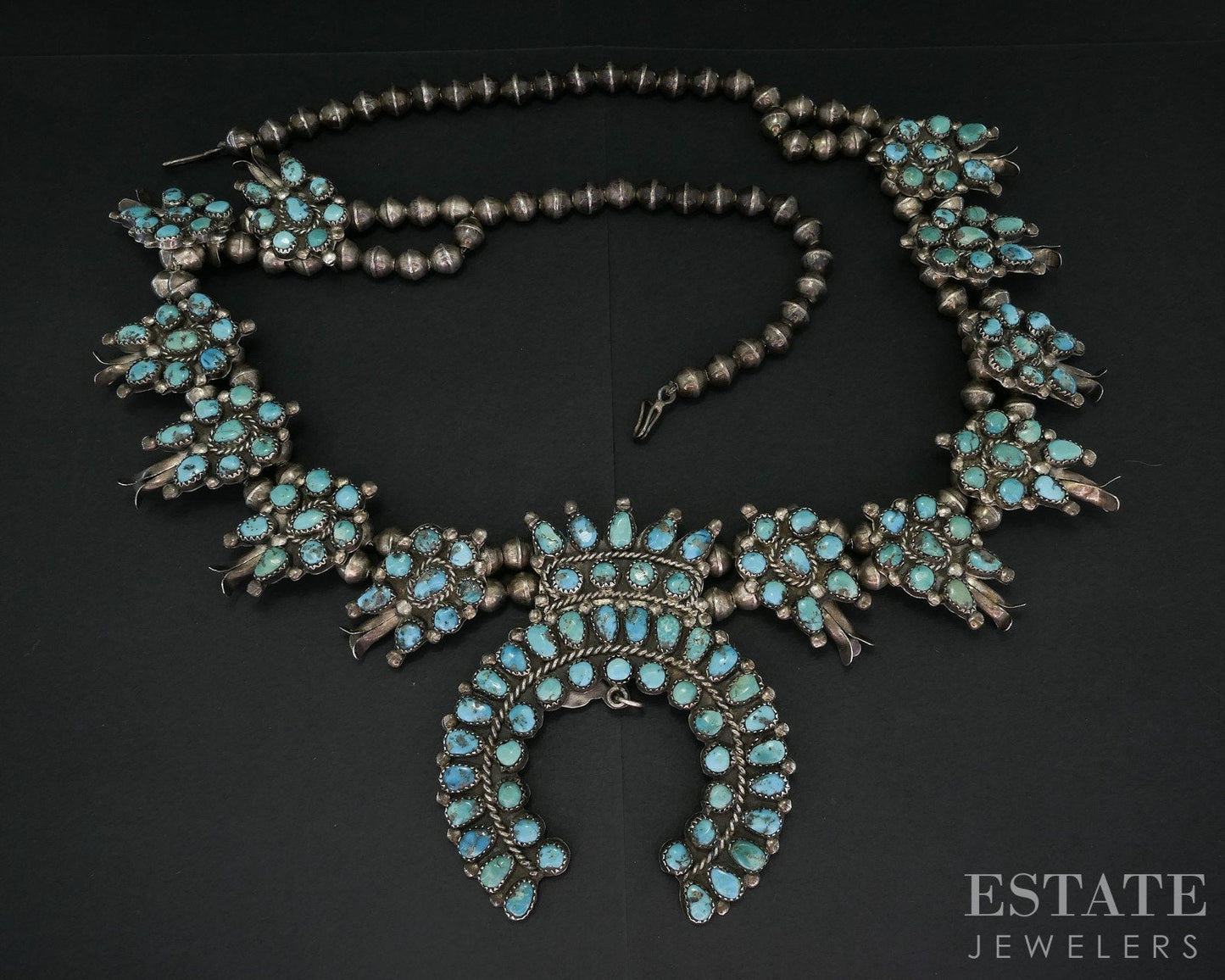 Sterling Natural Turquoise Navajo Squash Blossom Necklace 166g i18700