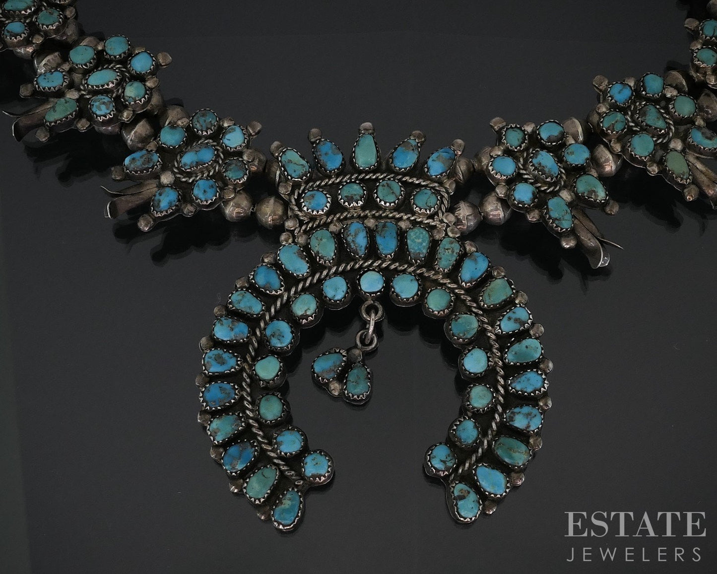 Sterling Natural Turquoise Navajo Squash Blossom Necklace 166g i18700