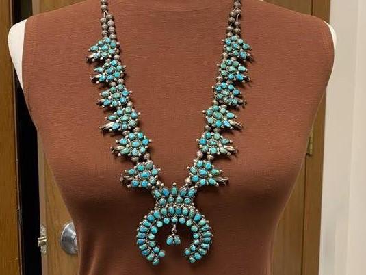 Sterling Natural Turquoise Navajo Squash Blossom Necklace 166g i18700