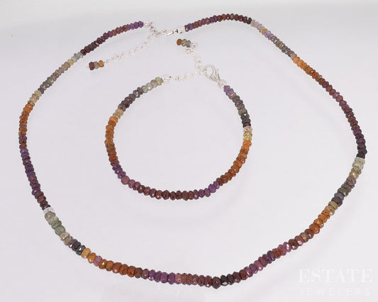 Sterling Multi Colored Sapphire Beaded Necklace & Bracelet Set 22g i18745