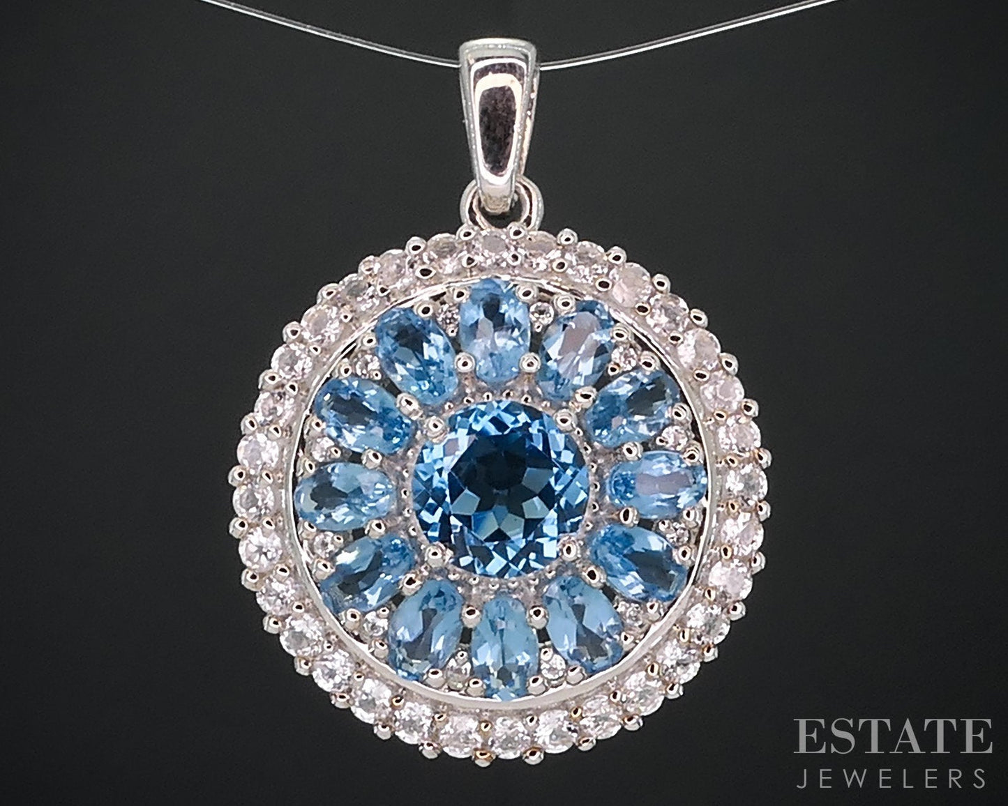 Sterling Silver Natural Blue & White Topaz Cluster Ladies Pendant 6.6g i18741