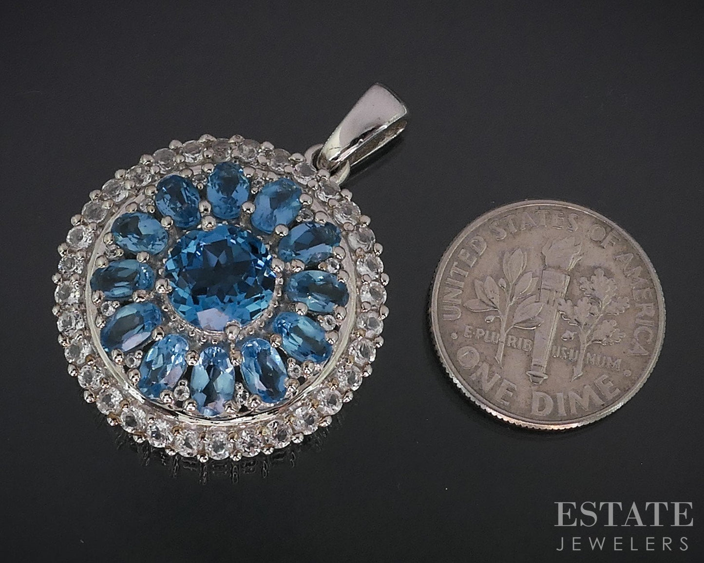 Sterling Silver Natural Blue & White Topaz Cluster Ladies Pendant 6.6g i18741