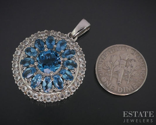 Sterling Silver Natural Blue & White Topaz Cluster Ladies Pendant 6.6g i18741
