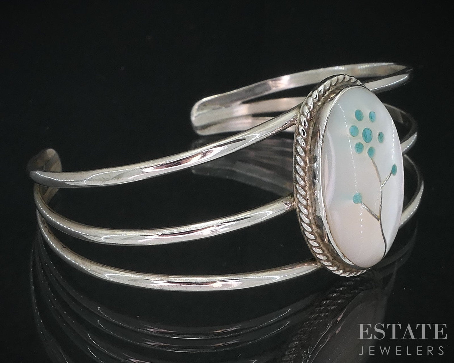 Vintage Sterling Turquoise & MOP Zuni Signed Clover Cuff Bracelet 12.2g i18736