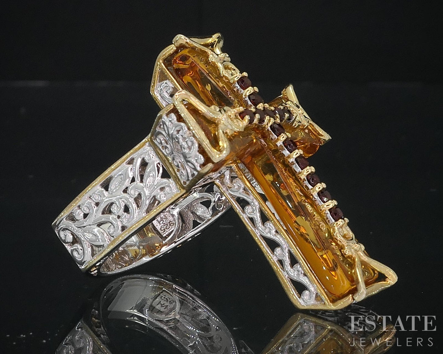 18K/Sterling Michael Valitutti Citrine & Garnet Cocktail Cross Ring 10.6g i18733