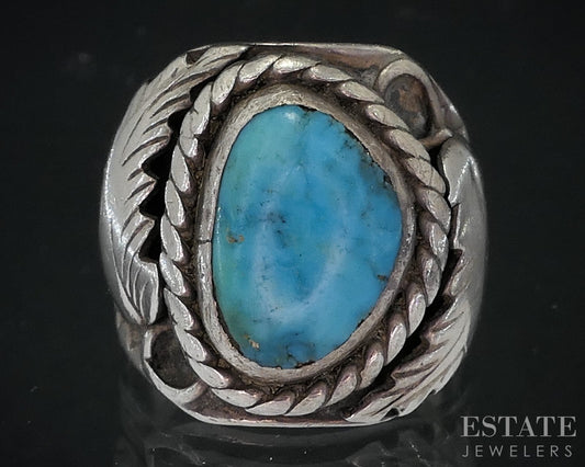 Vintage Sterling Natural Turquoise Navajo Larry Sandoval Mens Ring 11g i18728