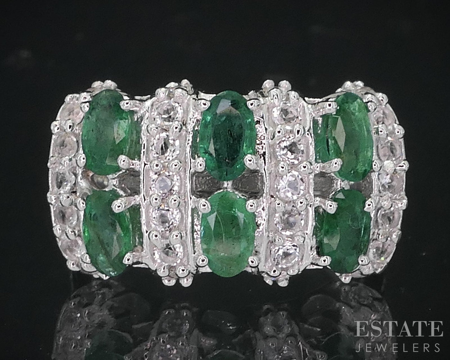 Sterling Silver Natural Emerald & White Topaz Ladies Band Ring 5.1g i18727
