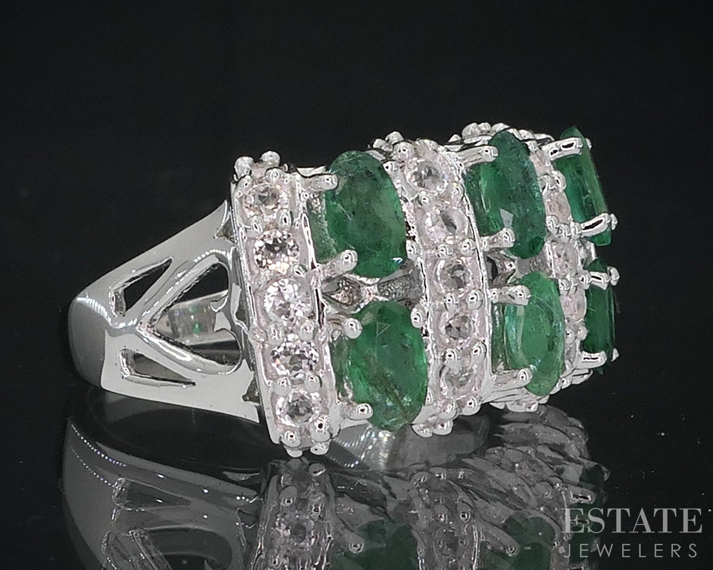 Sterling Silver Natural Emerald & White Topaz Ladies Band Ring 5.1g i18727