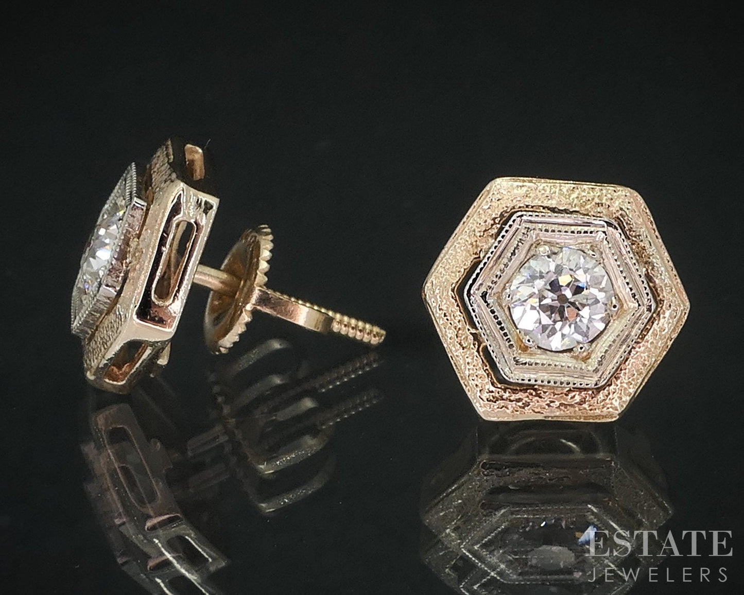 Antique 14k Yellow Gold OEC Natural .24ctw Diamond Screw Back Earrings i18491