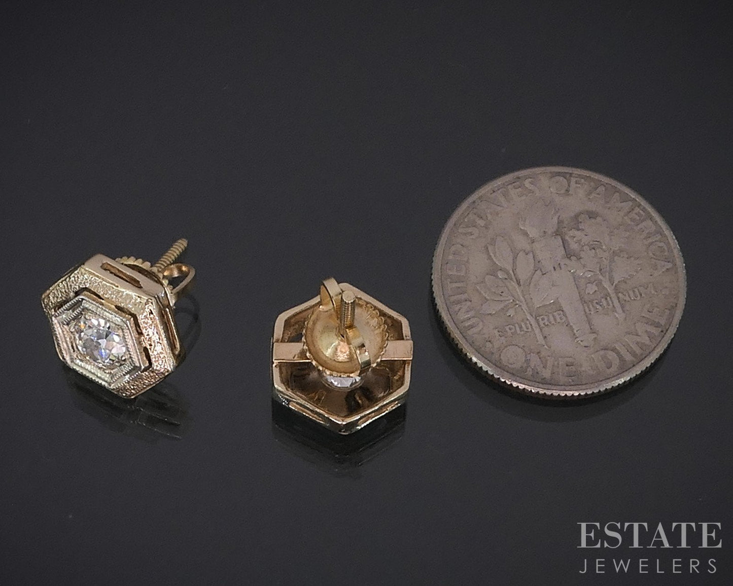 Antique 14k Yellow Gold OEC Natural .24ctw Diamond Screw Back Earrings i18491