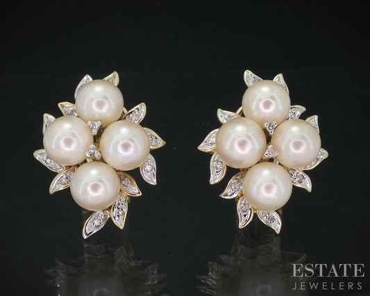 Vintage 14k Yellow Gold 7mm Akoya Pearl Omega Back Cluster Earrings 10.4g i18815