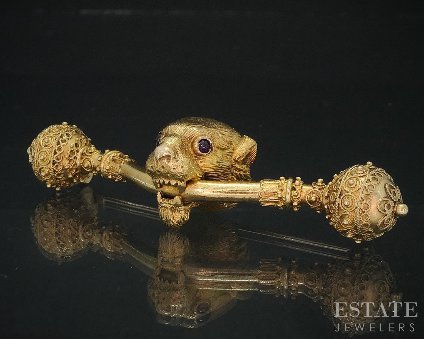 Antique Victorian 18k Yellow Gold Lion Head Bar Ruby Eyes Pin Brooch 8.7g i18802