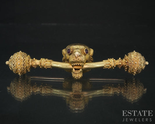 Antique Victorian 18k Yellow Gold Lion Head Bar Ruby Eyes Pin Brooch 8.7g i18802