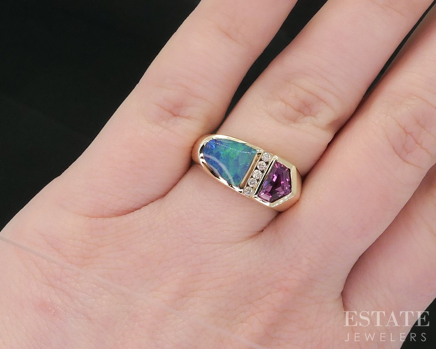 14k Yellow Gold Kabana Natural Tourmaline Opal & Diamond Ring 6g i18803