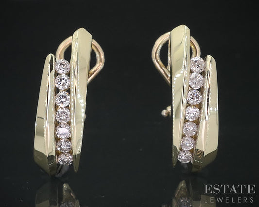 14k Yellow Gold Natural .56ctw Diamond J Hoop Omega Back Earrings 8g i18809