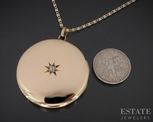 Antique 10k Yellow Gold European Cut Diamond Circle Locket Necklace 10.8g i18819