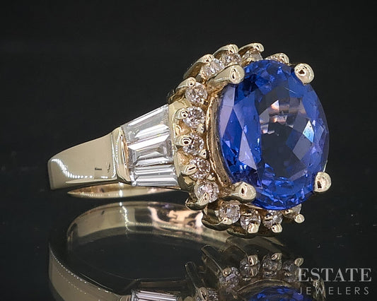 14k Yellow Gold Natural Tanzanite & Diamond Halo Ladies Ring 5.6g i18814