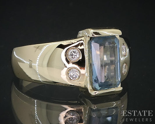 14k Yellow Gold Natural Aquamarine & Diamond Ladies Band Ring 6.9g i18812
