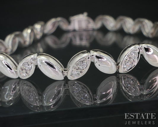 14k White Gold Natural .51ctw Diamond Leaf Tennis Bracelet 10.4g 7"L i18807