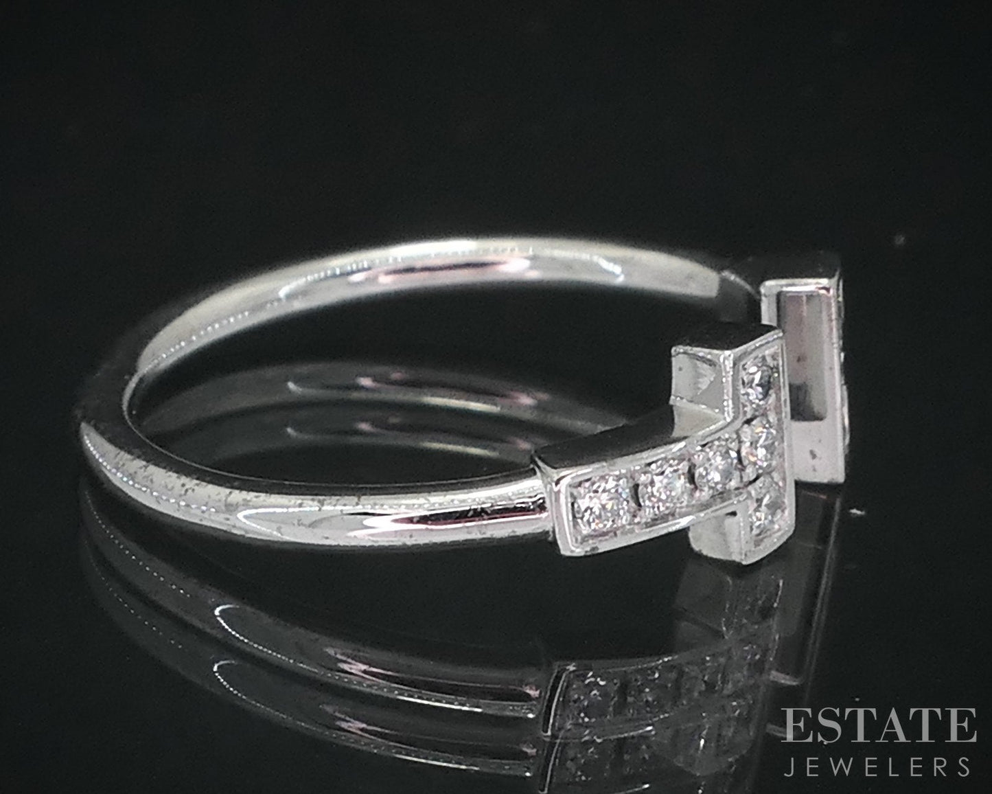 18k White Gold Tiffany & Co. Natural .13ctw Diamond T Wire Band Ring 2.8g i18825