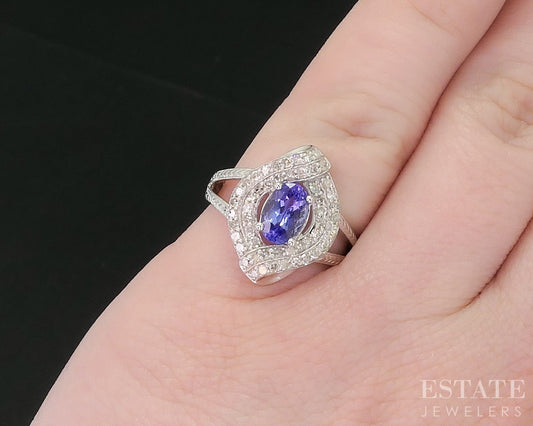 14k White Gold Oval Natural Tanzanite & Diamond Halo Ladies Ring 3.2g i18828