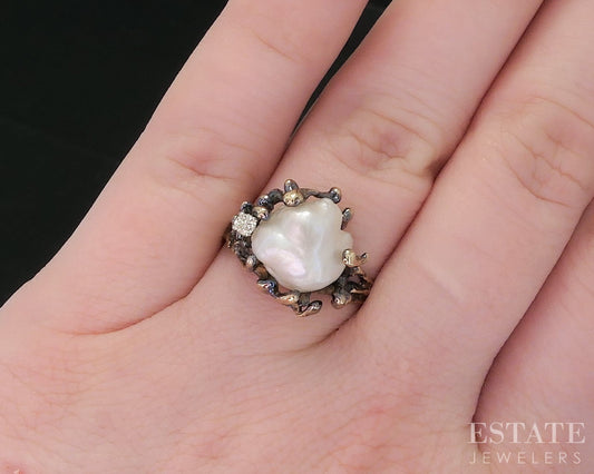 14k Yellow Gold Freeform Cultured Pearl & Diamond Ladies Ring 5.1g i18842