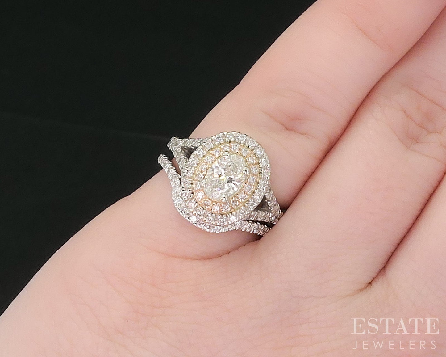 14k White Gold Oval GIA Natural 1.00ctw Diamond Halo Wedding Set 6.4g i18827