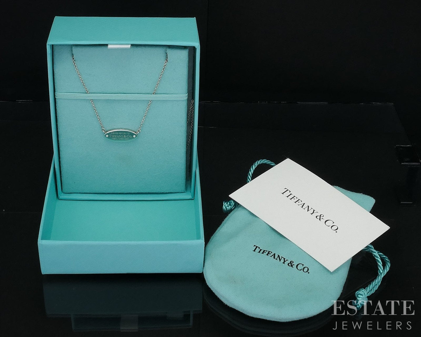 Sterling Tiffany & Co. Oval ID Diamond Pendant Cable Chain Necklace 18"L i18826