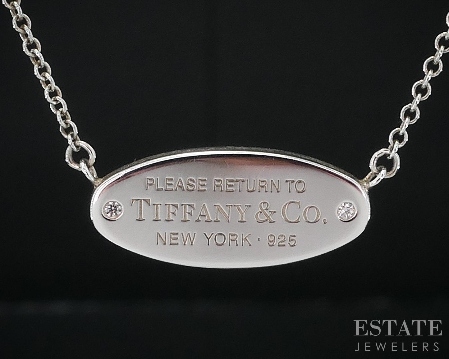 Sterling Tiffany & Co. Oval ID Diamond Pendant Cable Chain Necklace 18"L i18826