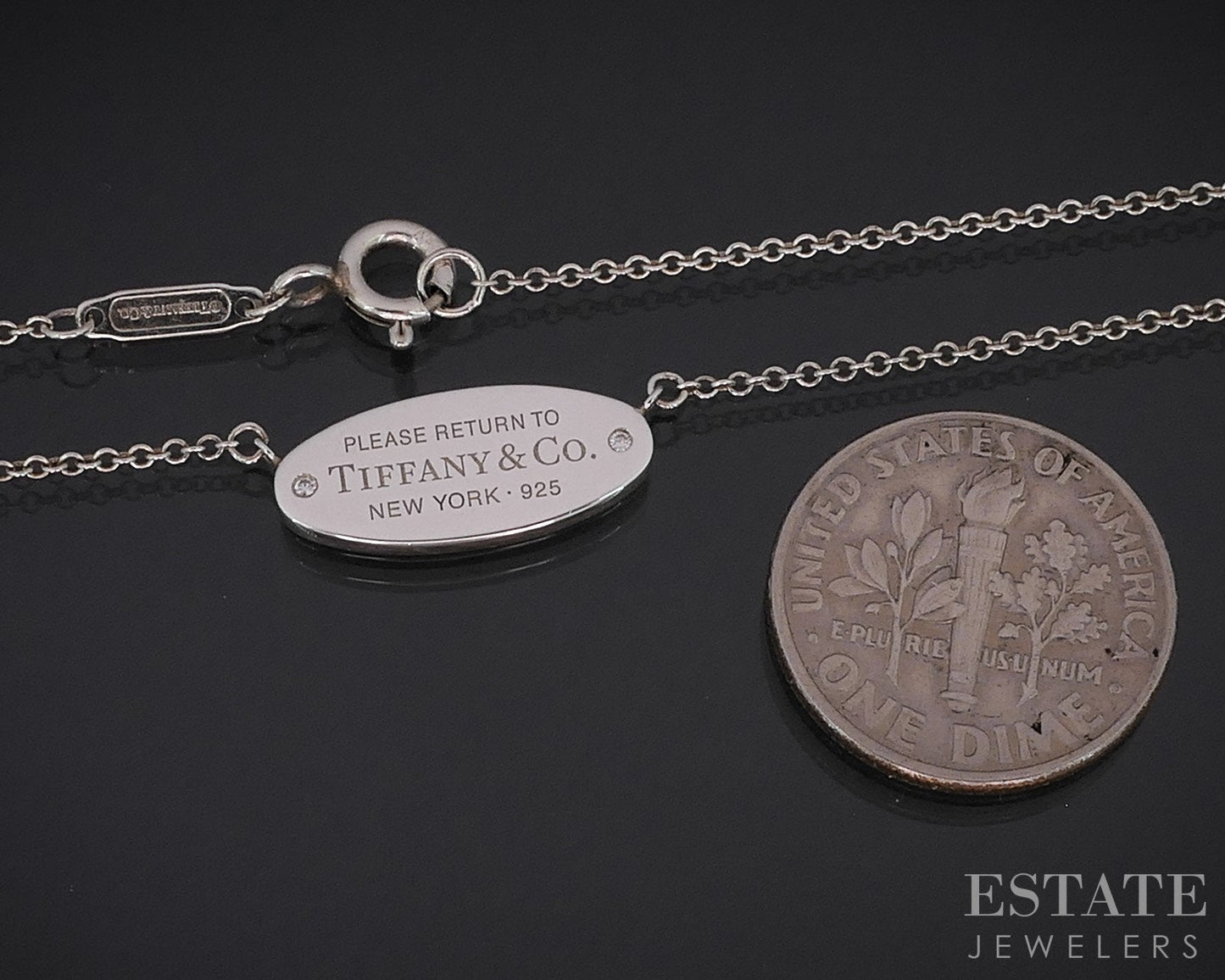 Sterling Tiffany & Co. Oval ID Diamond Pendant Cable Chain Necklace 18"L i18826