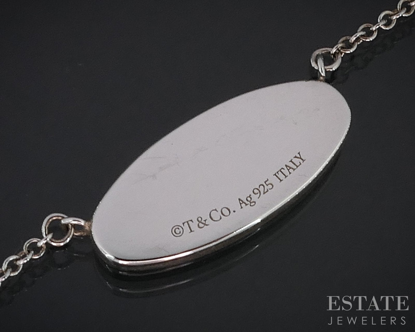Sterling Tiffany & Co. Oval ID Diamond Pendant Cable Chain Necklace 18"L i18826
