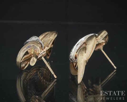 Vintage 14k Yellow Gold Single Cut Natural Diamond Leaf Earrings 11.1g i18853