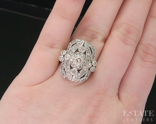 Art Deco 14k White Gold Round Natural 1ctw Diamond Cocktail Ring 9.3g i18851