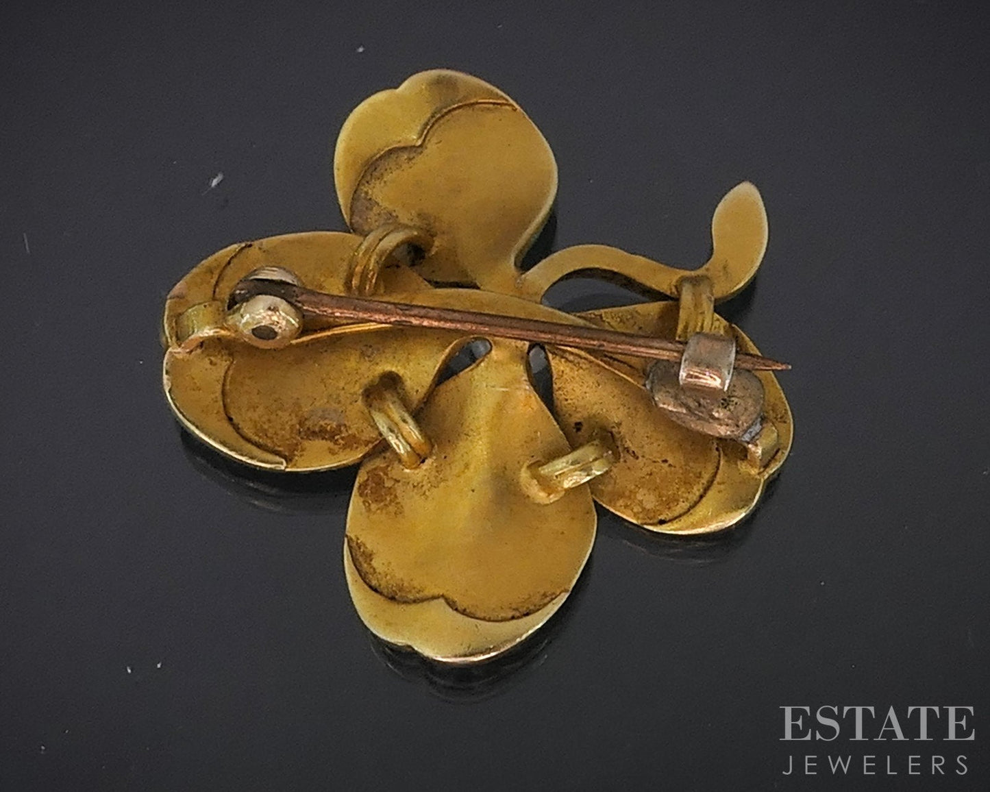 Antique Art Nouveau 18k Yellow Gold 4 Leaf Clover Pearl Pin Brooch 5.1g i18850