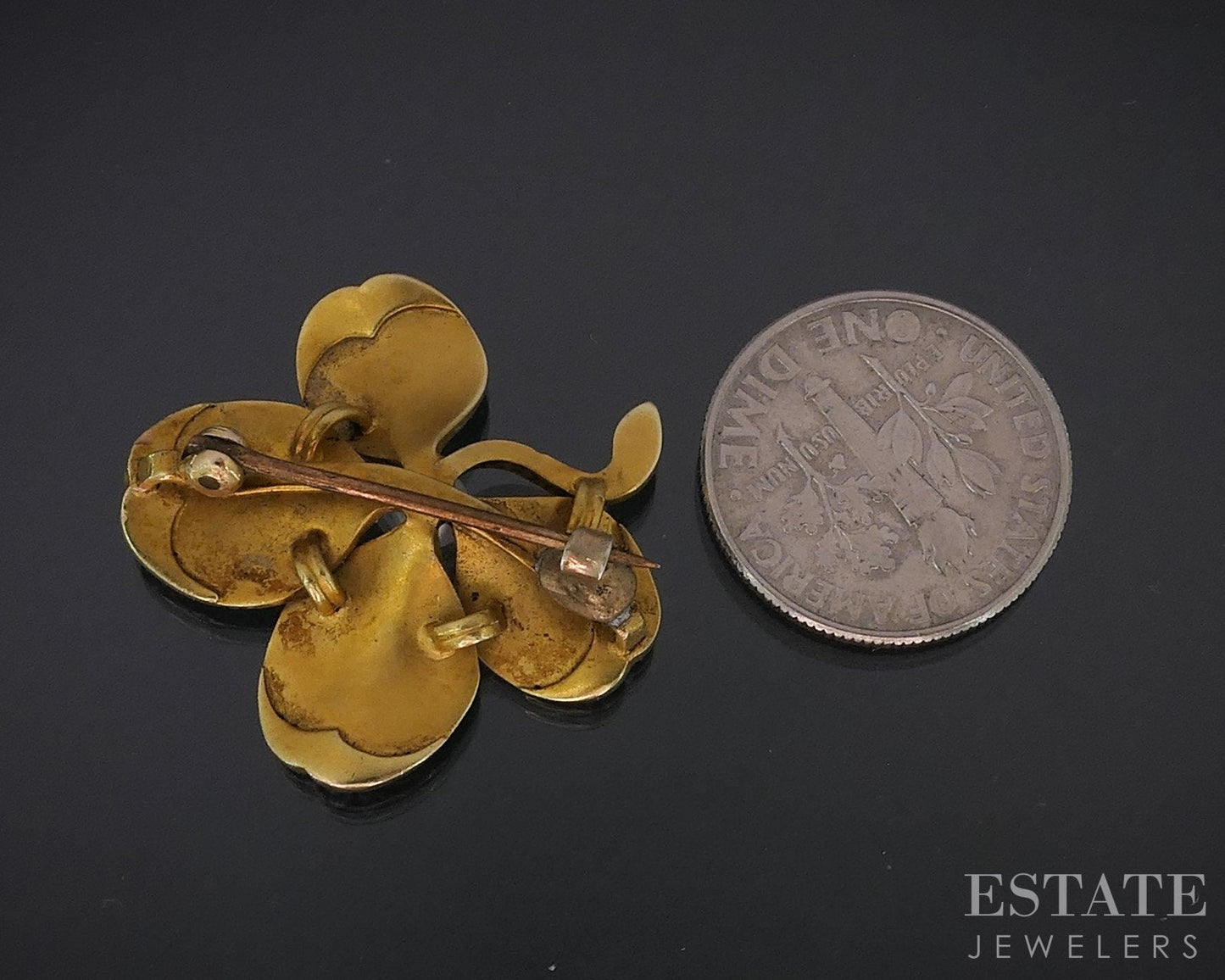 Antique Art Nouveau 18k Yellow Gold 4 Leaf Clover Pearl Pin Brooch 5.1g i18850