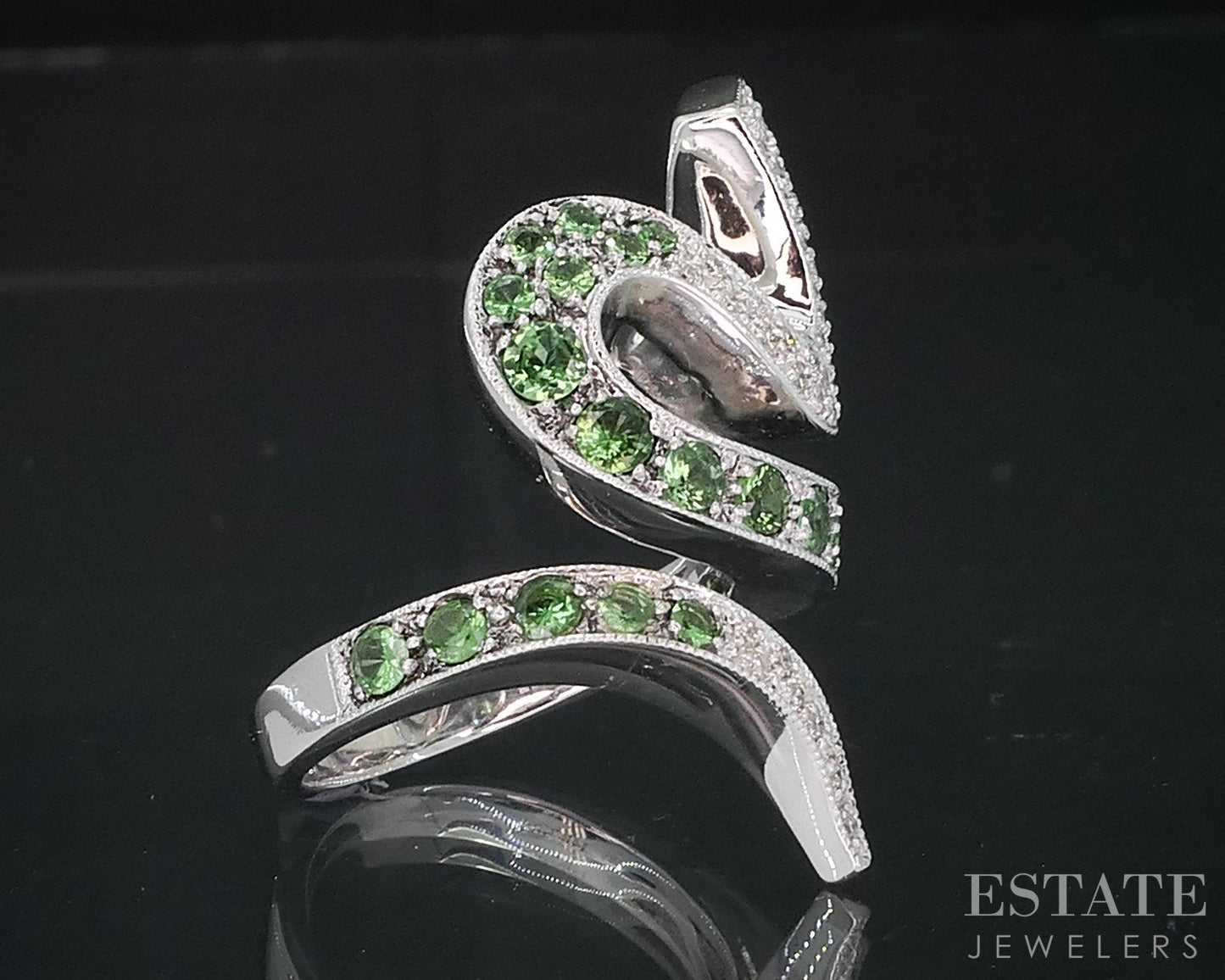 14k White Gold Natural Tsavorite Garnet & Diamond Ladies Snake Ring 10.3g i18849