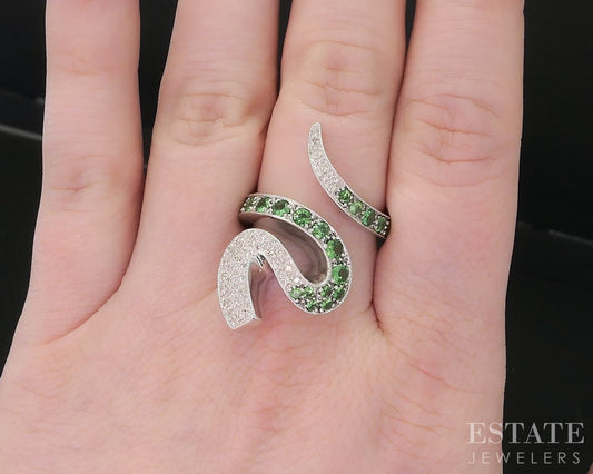 14k White Gold Natural Tsavorite Garnet & Diamond Ladies Snake Ring 10.3g i18849