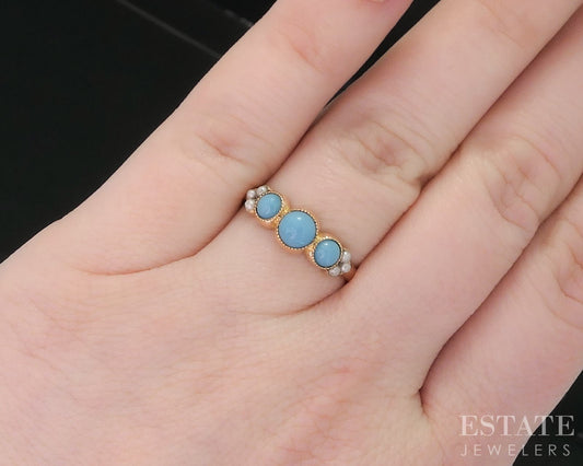 Antique Victorian 9k Yellow Gold Natural Turquoise & Seed Pearl Ring 1.9g i18854