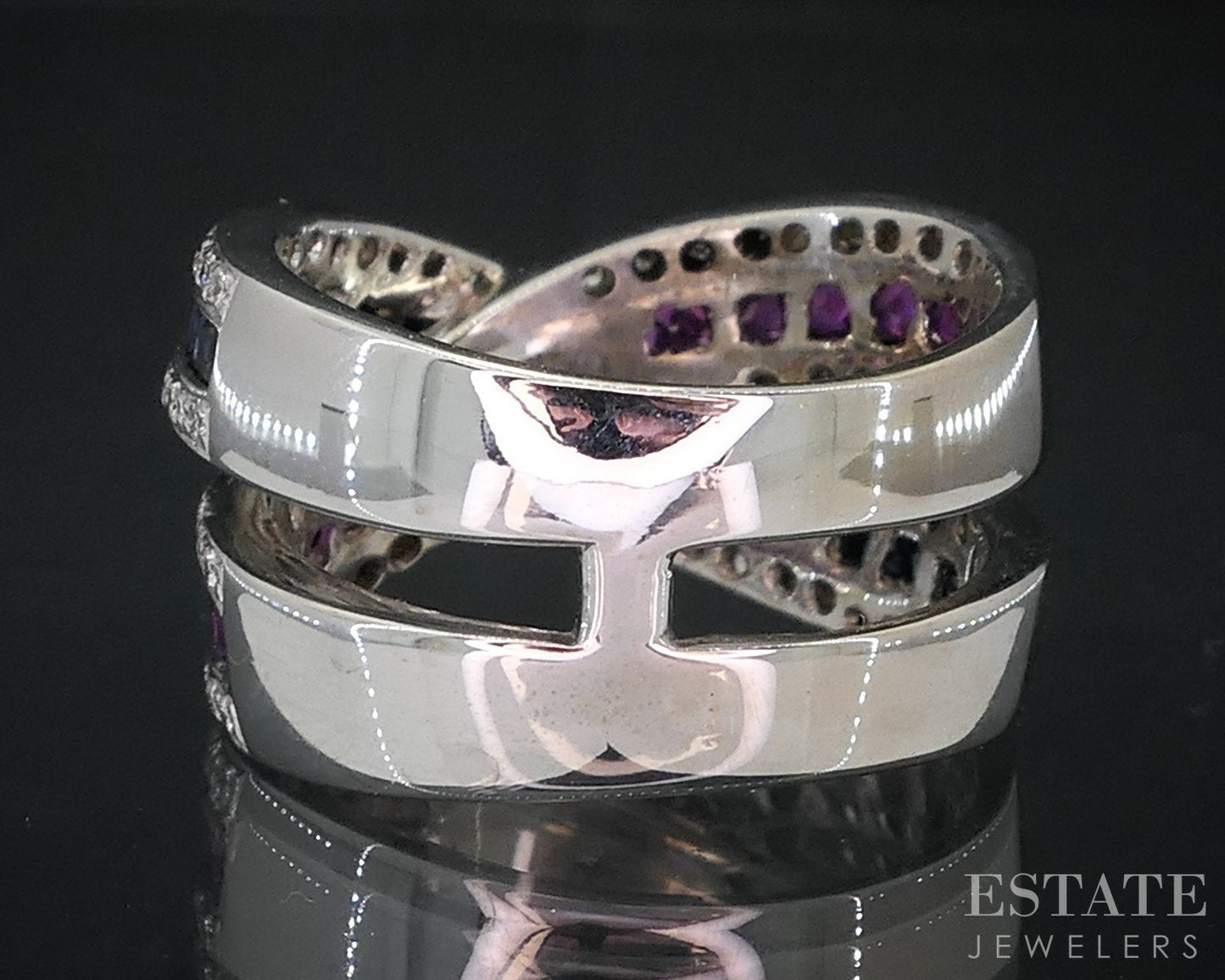 18k White Gold Natural Sapphire Ruby & Diamond Crossover Band Ring 12.6g i18852