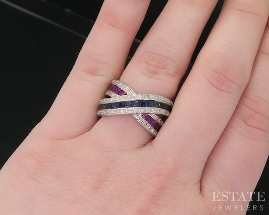 18k White Gold Natural Sapphire Ruby & Diamond Crossover Band Ring 12.6g i18852