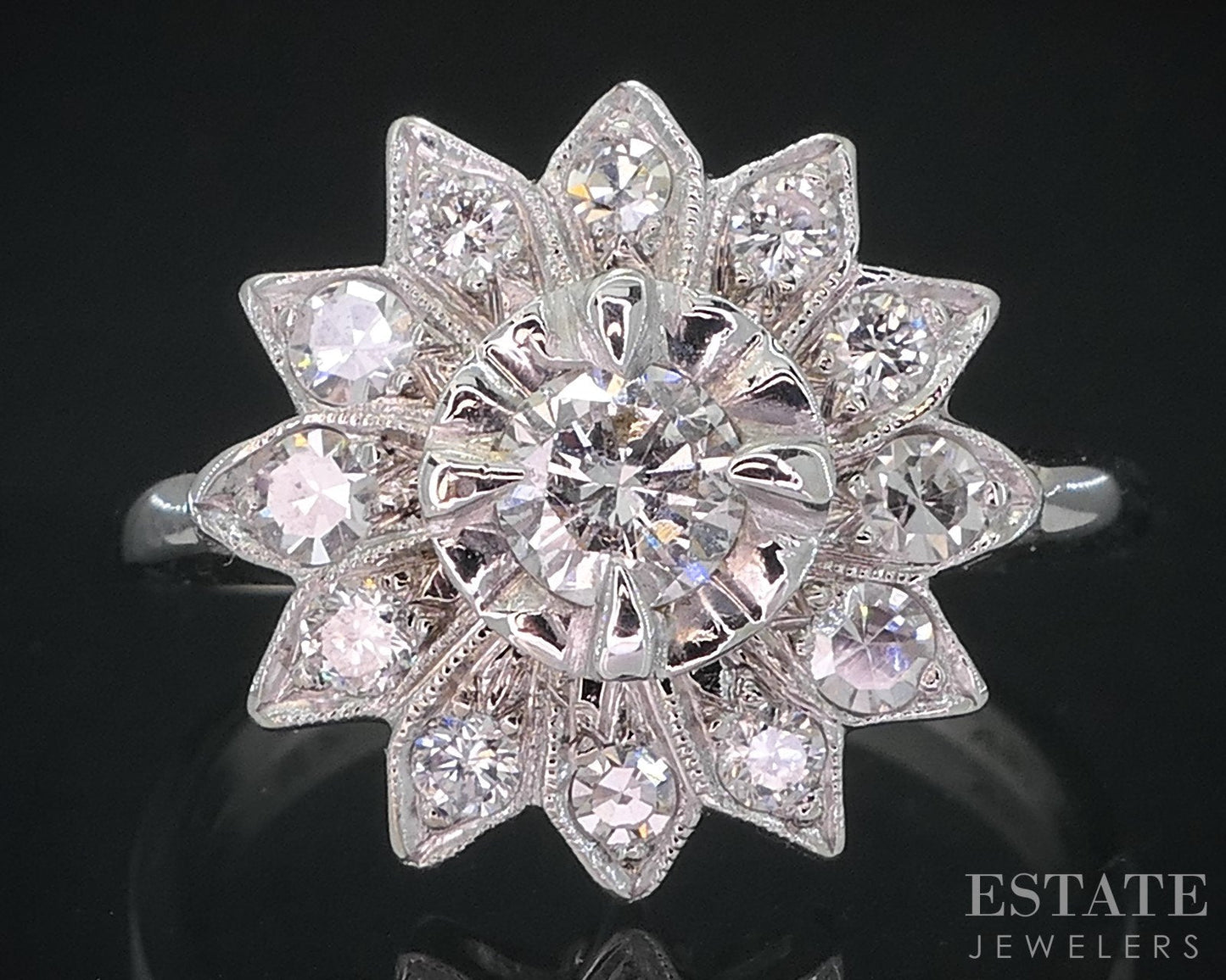 Vintage 14k White Gold Natural .57ctw Diamond Flower Cocktail Ring 3g i18862